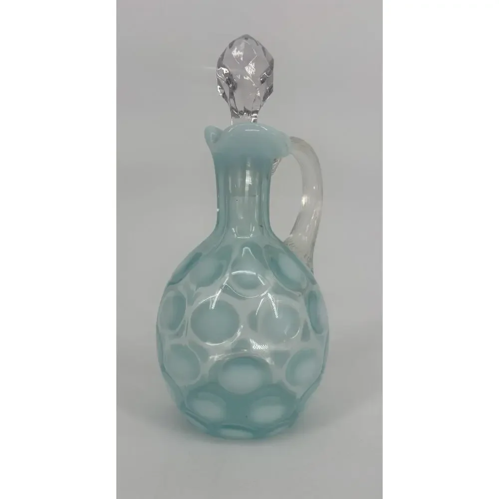 Vintage Fenton Blue Cruet Opalescent Coin Dot Cruet Ruffled Edge W/Stopper 7”